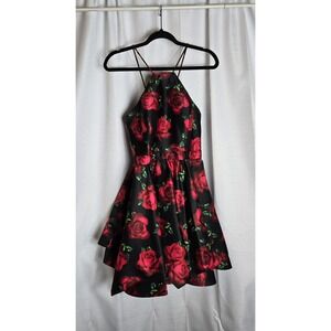 Blondie Nites by Stacy Sklar Black Red Rose Floral Halter Fit Flare Dress Size 9
